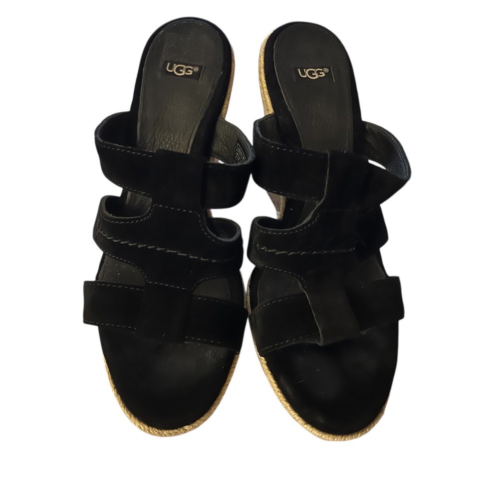 UGG Womens Black Suede Espadrille Wedge Sandals Platform Strappy Slides 4 Inch